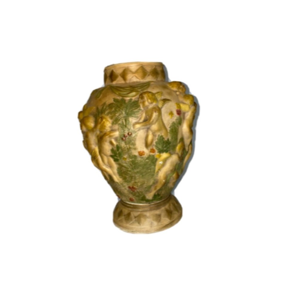 Vintage Pottery Stoneware Vase Ornate Figural Cherubs Angels Putti Signed WOW